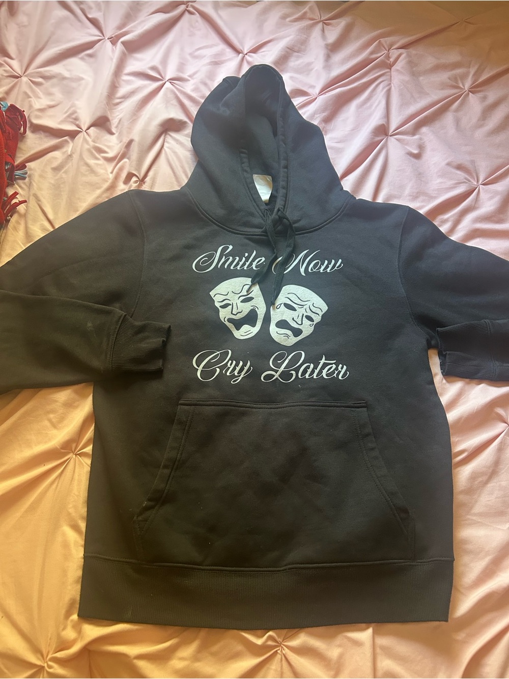 MT Black Hoodie with White "Smile Now Cry Later" Theater Mask Graphic
